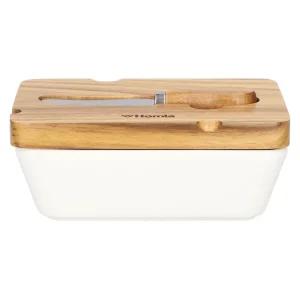 Maselniczka Mooka Porcelanowa Z Nozykiem I Akacjowa Pokrywka Biala 11X16 Cm