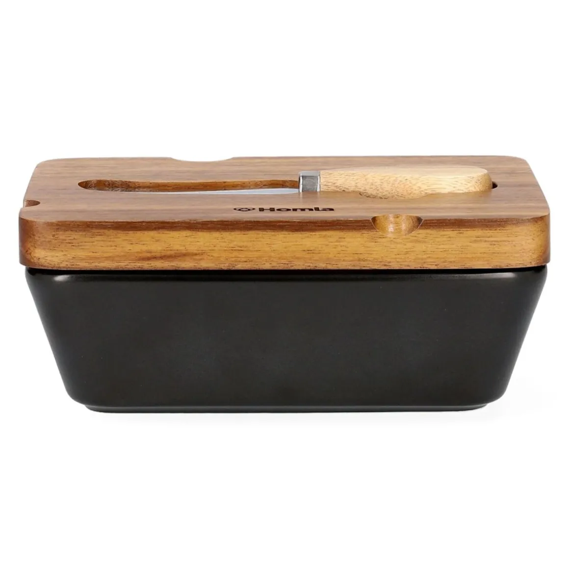 maselniczka_mooka_porcela_1.webp Maselniczka Mooka Porcelanowa Z Nozykiem I Akacjowa Pokrywka Czarna 11X16 Cm