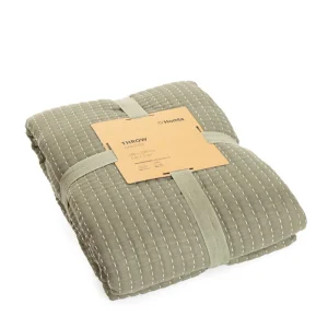 Narzuta Selina Muslinowa Z Przeszyciami Zielono-Bezowa 180X220 Cm